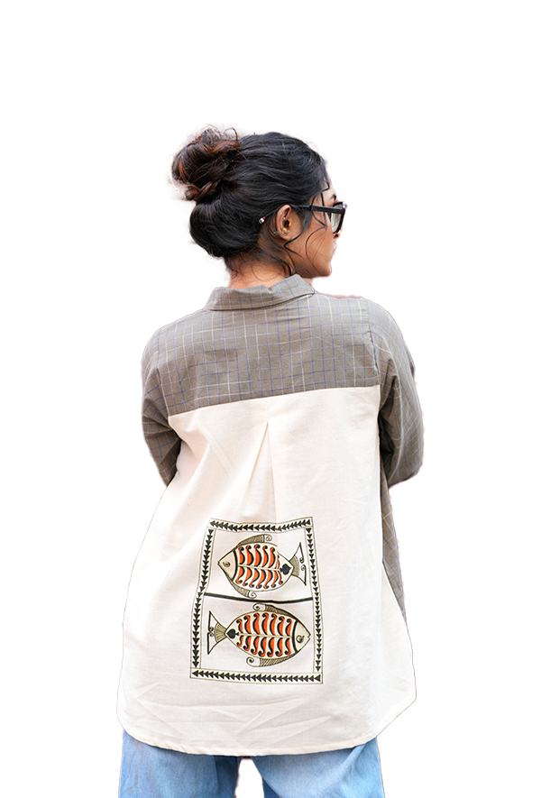 Women's Grey Check & Twin Fish Artwork Shirt