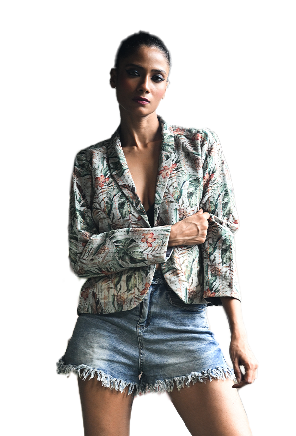 Women's Green leaf Print Open Jacket