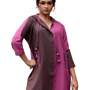 Women Two-Tone Hoodie Shirt Dress — Pink & Maroon