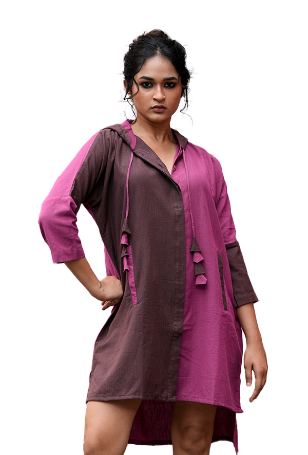 Women Two-Tone Hoodie Shirt Dress — Pink & Maroon