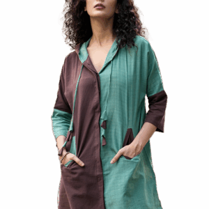 Women Two-Tone Hoodie Shirt Dress — Teal & Maroon