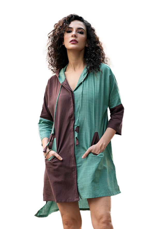 Women Two-Tone Hoodie Shirt Dress — Teal & Maroon