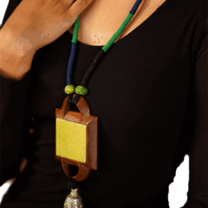 Yellow & Green Framed Square Pendant Necklace (Wooden Neckpiece)