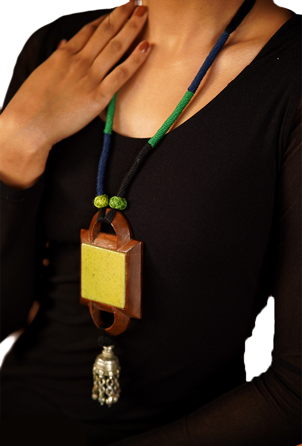 Yellow & Green Framed Square Pendant Necklace (Wooden Neckpiece)