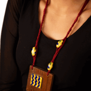 Square Pendant with Yellow Ceramic Accents (Wooden Neckpiece)