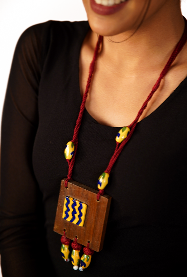 Square Pendant with Yellow Ceramic Accents (Wooden Neckpiece)