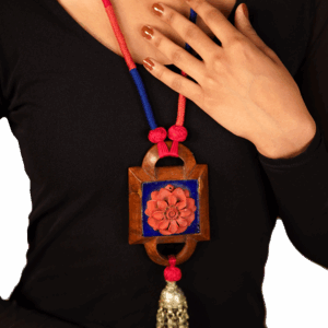 Red & Blue Lotus Pendant Necklace (Wooden neckpiece)