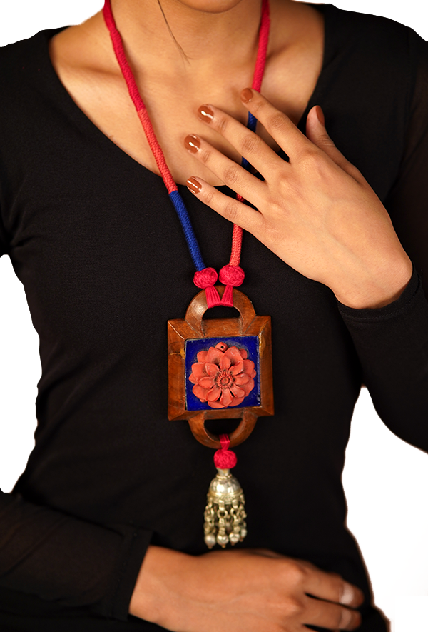 Red & Blue Lotus Pendant Necklace (Wooden neckpiece)