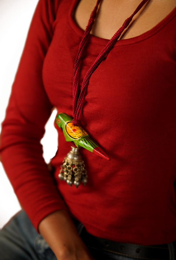 Hand-Painted Green Parrot Pendant Necklace (Wooden neckpiece)
