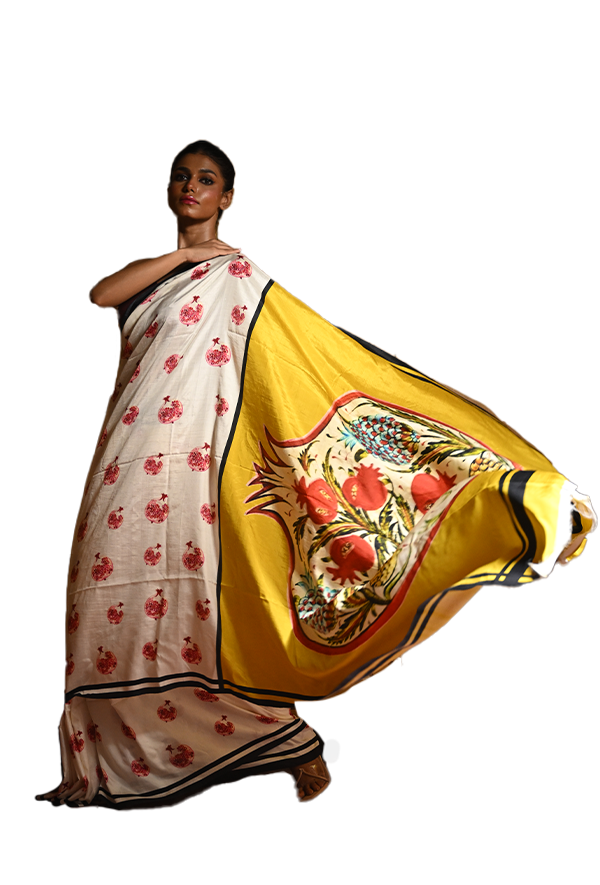 Women Yellow Pomegranate Mulberry Silk Saree