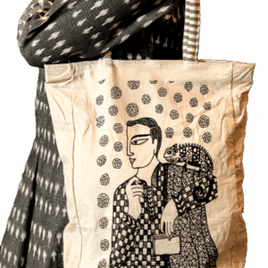 Woman with bird tote bag