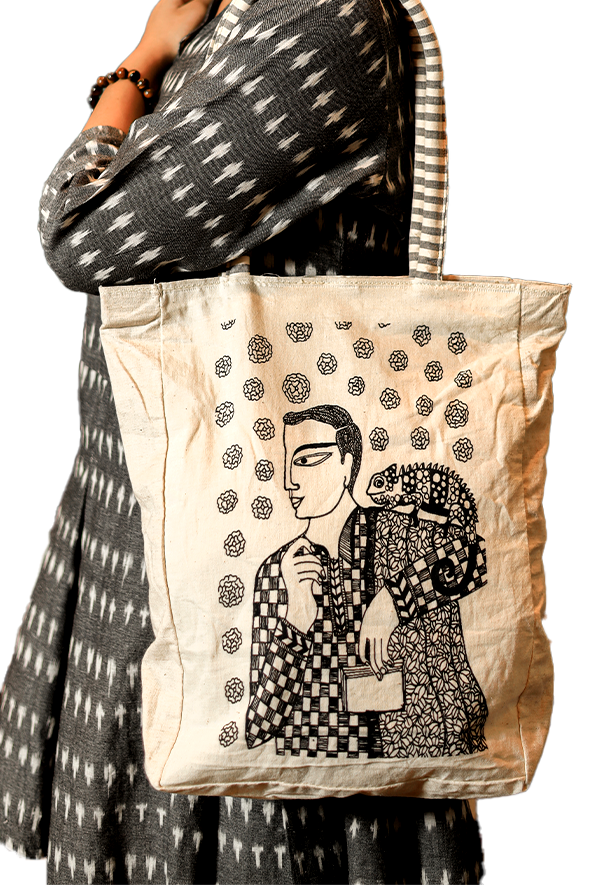 Woman with bird tote bag