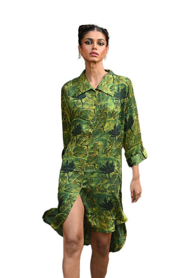 Women Green Printed Shirt Dress-Wanderlust