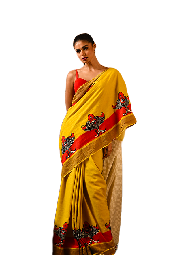 Yellow Cotton Saree with fish Motif