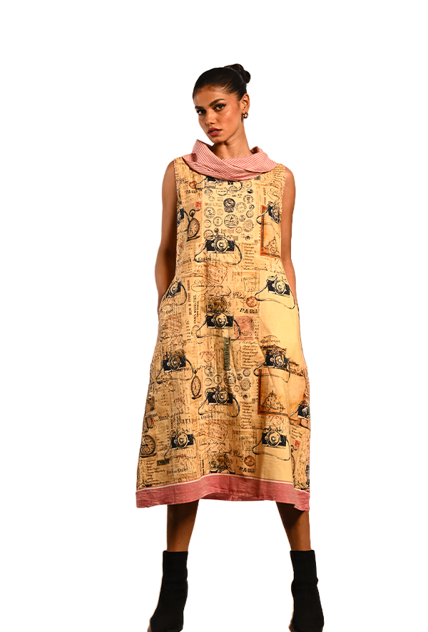 Vintage Camera Reverie Cowl Neck Dress (Cotton Dress)