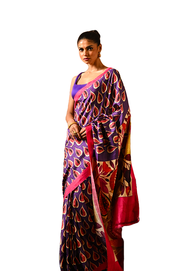 Purple-Pink Mulberry Silk Saree With Fig Motifs