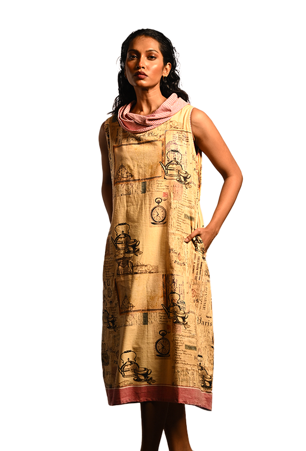 Vintage Tea-Kettle Print Cowl Dress (Cotton)