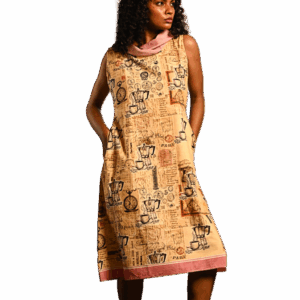Vintage Coffee Print Cowl Dress (Cotton)