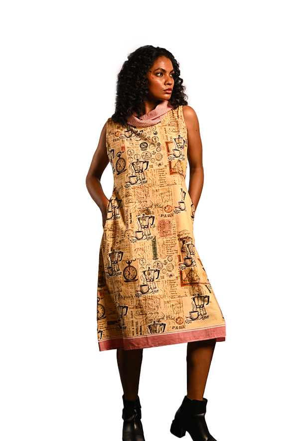 Vintage Coffee Print Cowl Dress (Cotton)