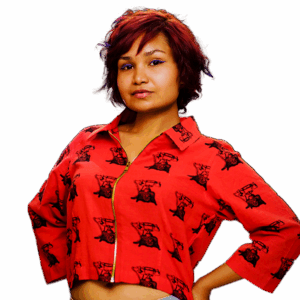 Cropped Red Jacket with Vintage Telephone Print
