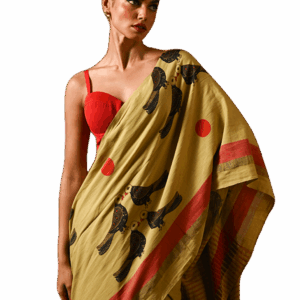 Olive Green Saree With Twin Parrot Print